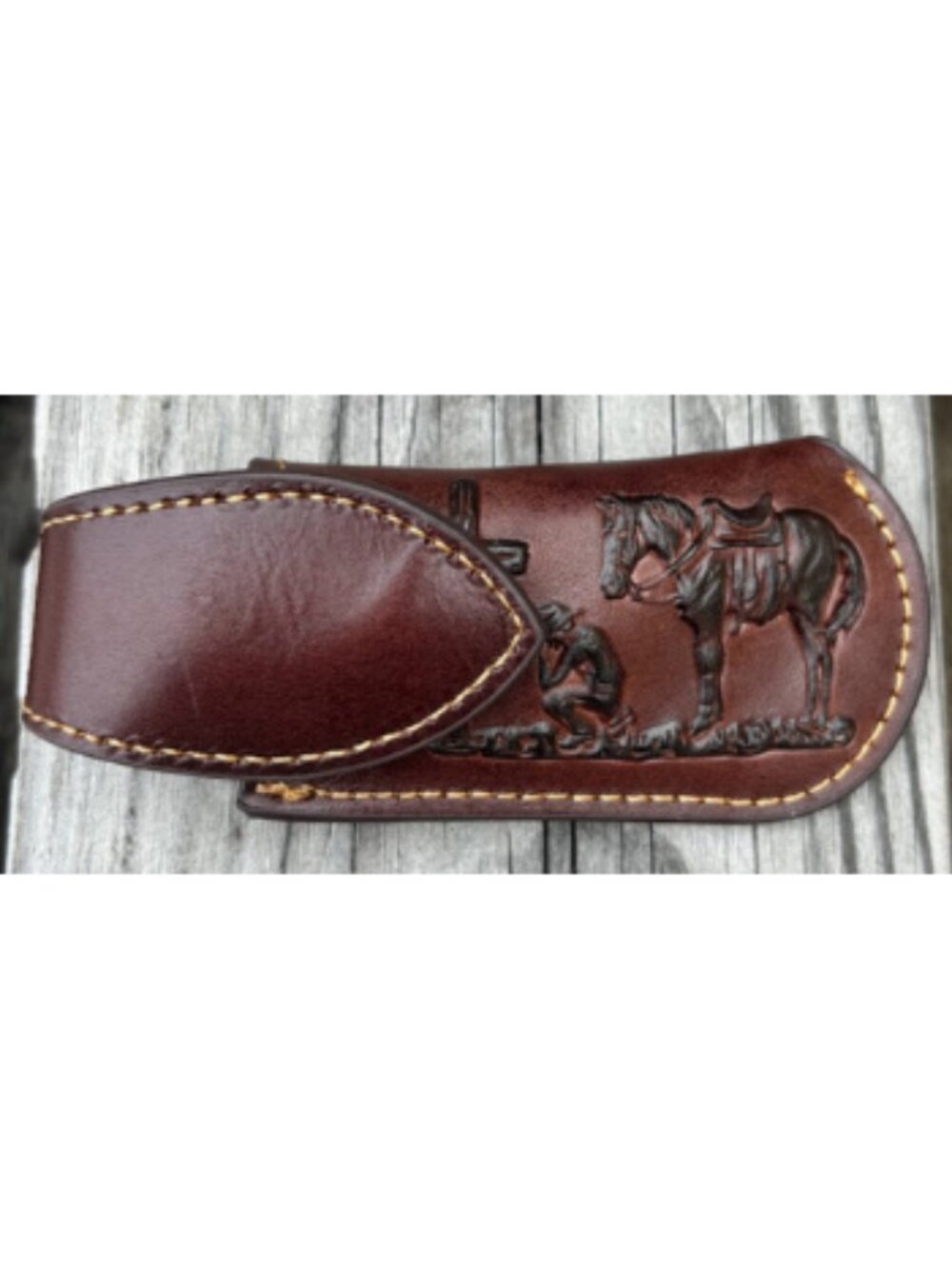 Coffee Brown Leather Praying Cowboy Design Small Knife Sheath with Keep